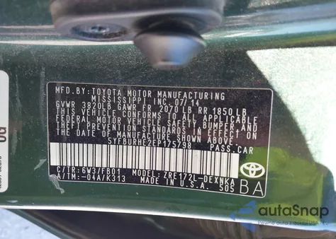 2014 Toyota Corolla Le z USA, uszkodzony, nr VIN 5YFBURHE2EP175798